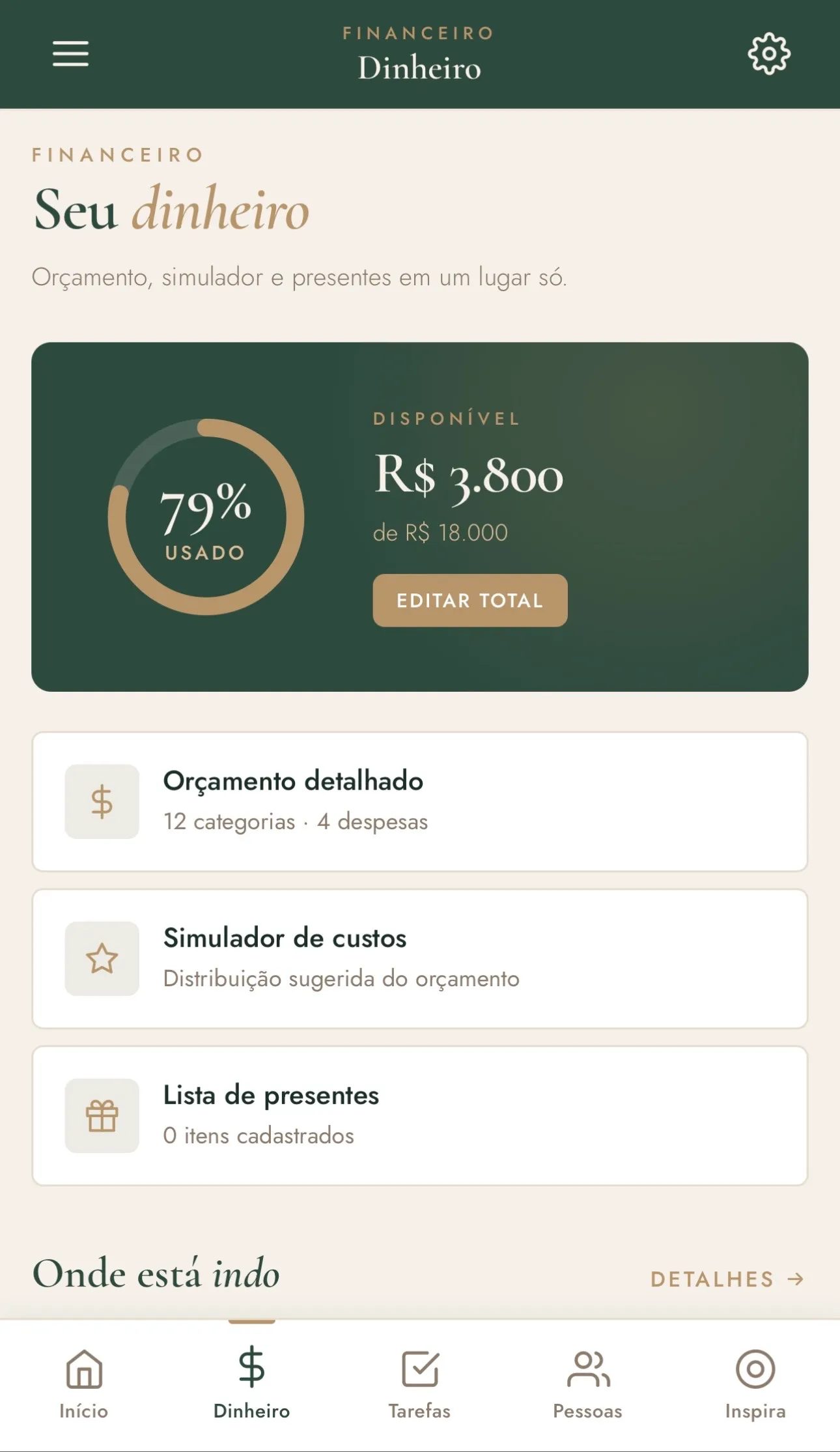 Tela de controle financeiro do app